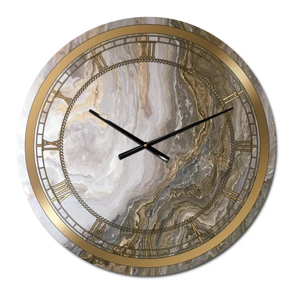 Alcesta Glam Metal Wall Clock with White Marble, Curved Gray, and Gold Veining